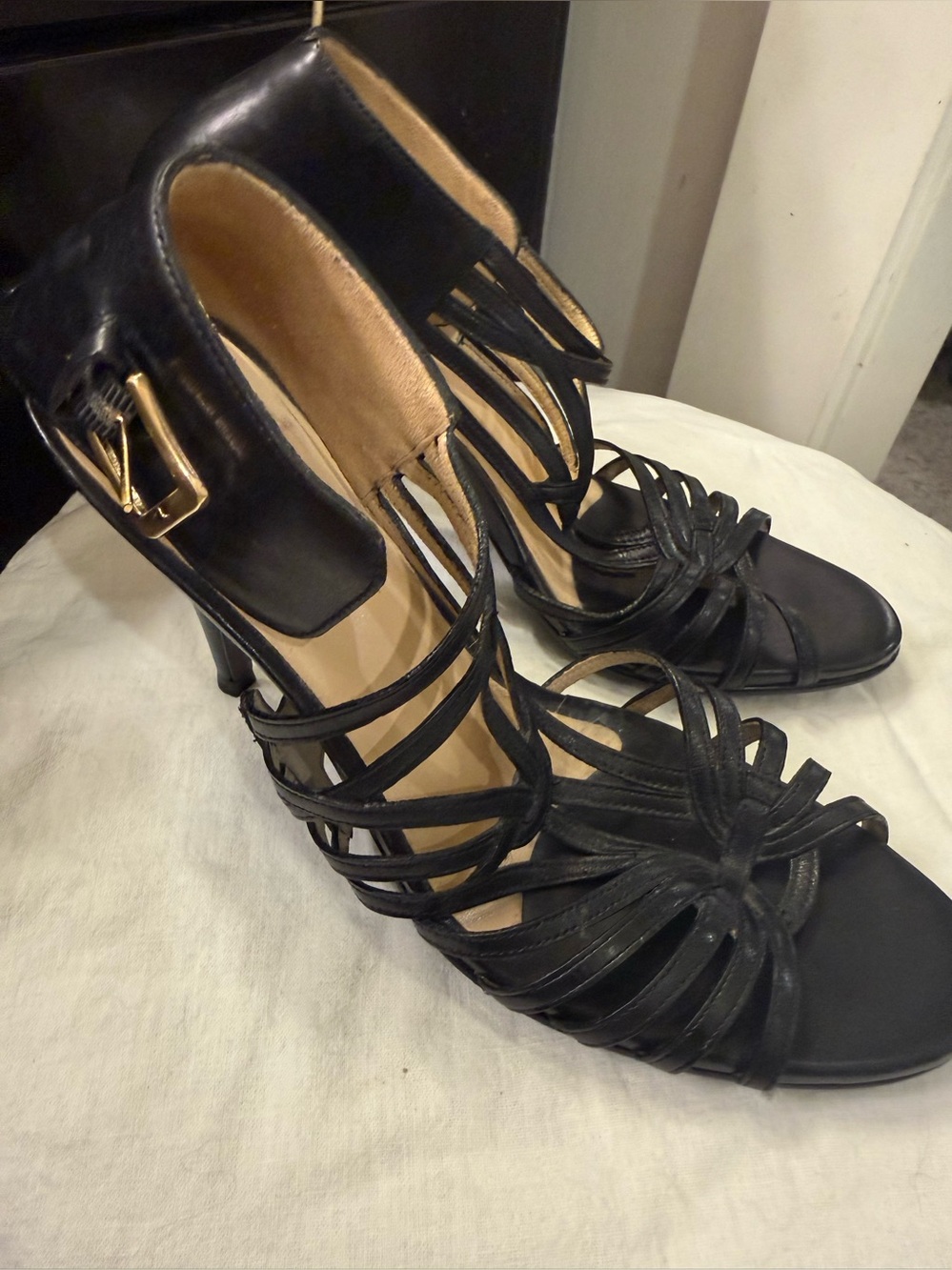 Cole Haan Nike Air Black Leather Strappy Heels Sandals Size 8B